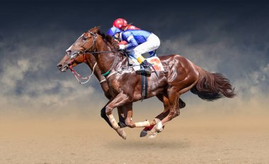 Two racing horses neck to neck in fierce competition for the finish line clipart