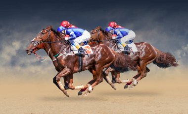Four racing horses neck to neck in fierce competition for the finish line clipart