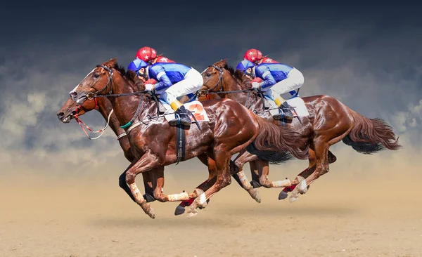 Quatro cavalos de corrida pescoço a pescoço em feroz competição pela linha de chegada — Fotografia de Stock