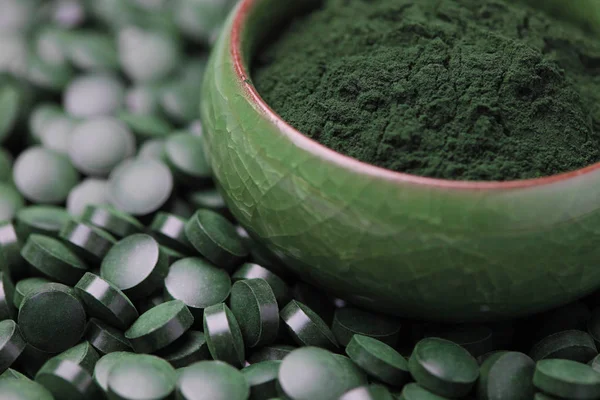 Мелена спіруліна в зеленій мисці — стокове фото