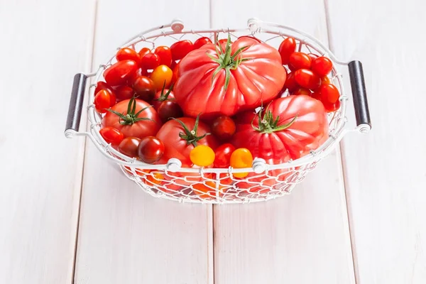 Verzameling van mooie tomaten in mand — Stockfoto