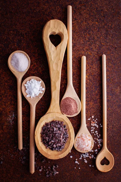 Diverse zout in houten lepels — Stockfoto