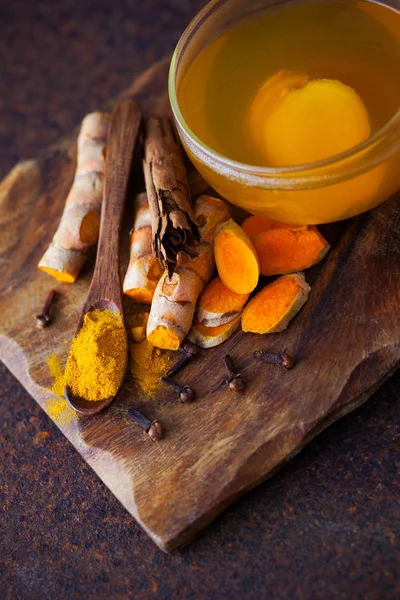 Aromatický Turmeric Čaj Skořice Zázvoru Zdravé Stravování — Stock fotografie