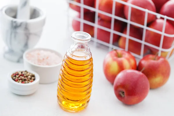 Close View Apple Vinegar Bottle Red Apples Spices Mortar Pestle — Stock Photo, Image