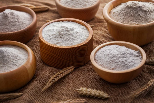 Set Wooden Bowls Flour Jute — Stock Photo, Image