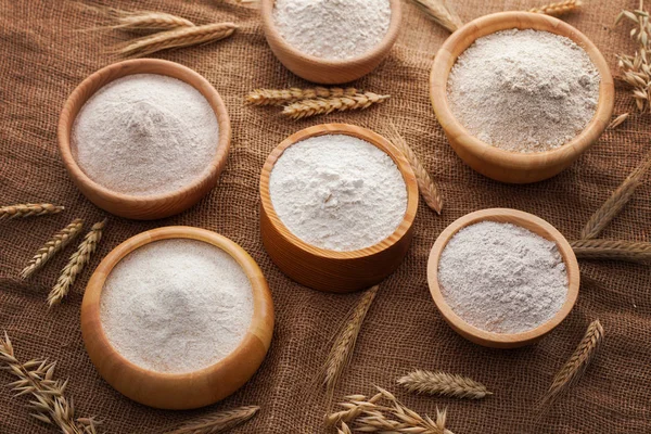 Set Wooden Bowls Flour Jute — Stock Photo, Image