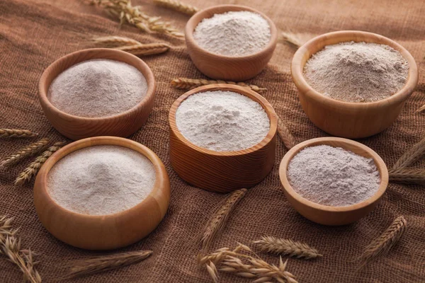 Set Wooden Bowls Flour Jute — Stock Photo, Image