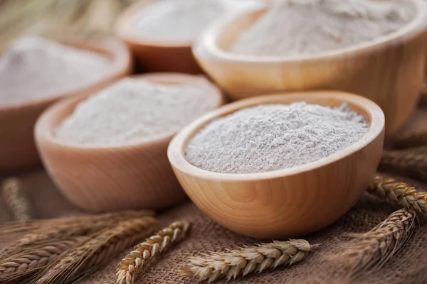 Set Wooden Bowls Flour Jute — Stock Photo, Image