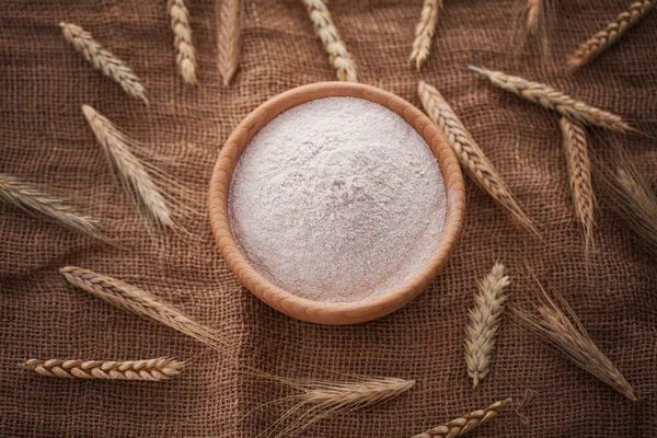 Set Wooden Bowl Flour Burlap — Stock Photo, Image