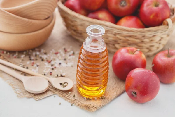 Bottle Apple Cider Vinegar Fresh Fruits Wicker Basket — Stock Photo, Image