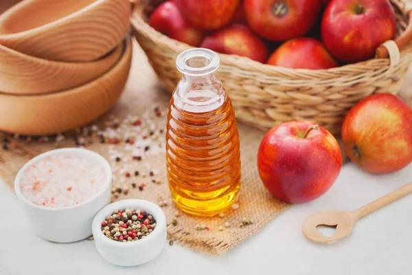 Bottle Apple Cider Vinegar Fresh Fruits Wicker Basket — Stock Photo, Image