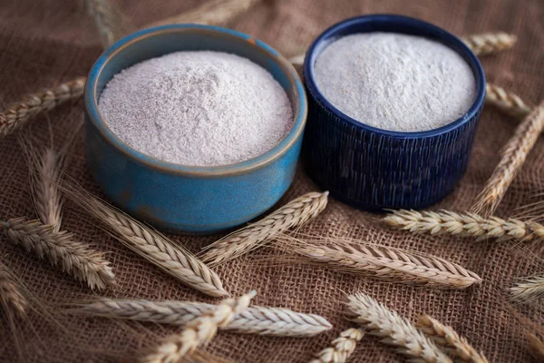 Blue Bowls Flour Wheat Ears Burlap Background — Stock Photo, Image