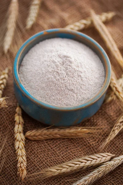 Blue Bowl Flour Wheat Ears Burlap Background — Stock Photo, Image