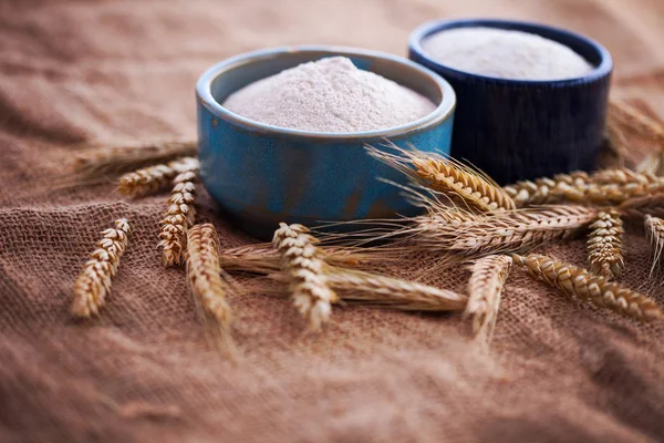 Blue Bowls Flour Wheat Ears Burlap Background — Stock Photo, Image