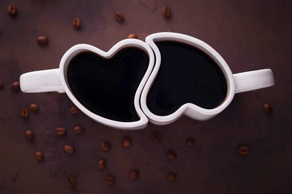 Heart Shape Coffee Cups Coffee Beans Dark Background — Stock Photo, Image