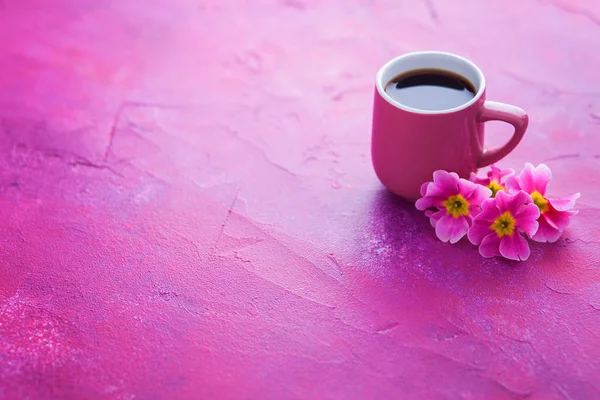 Taza Café Primavera Con Flores Primula Comida Bebida — Foto de Stock