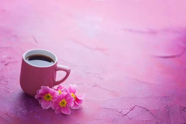 Tasse Frühlingskaffee Mit Primeln Essen Und Trinken — Stockfoto