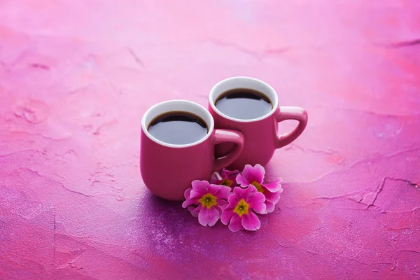 Tazza Caffè Primaverile Con Fiori Primula Cibo Bevande — Foto Stock