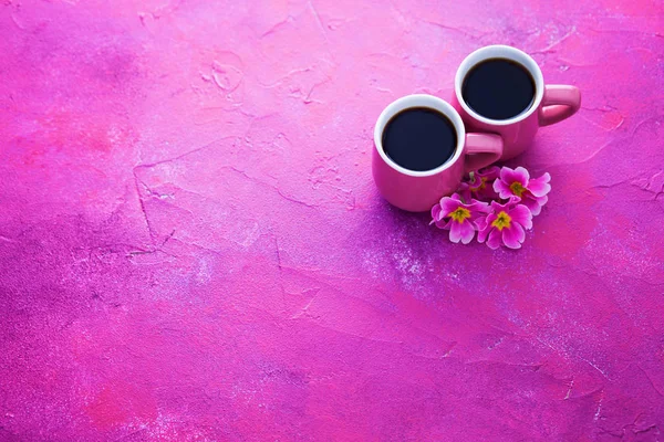 Kopje Koffie Van Lente Met Primula Bloemen Eten Drinken — Stockfoto