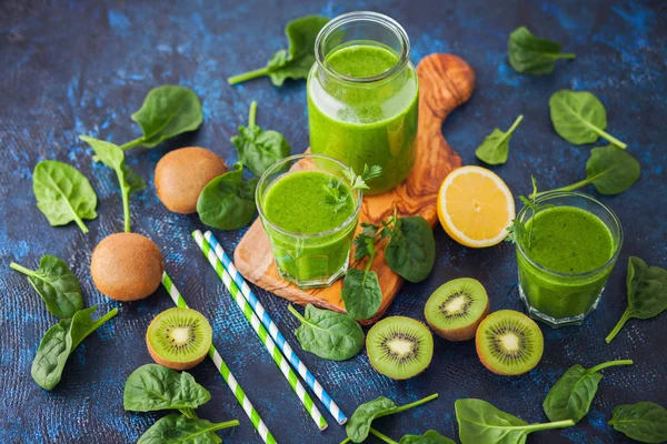 Healthy Green Smoothie Ingredients Blue Table Food Drink — Stock Photo, Image