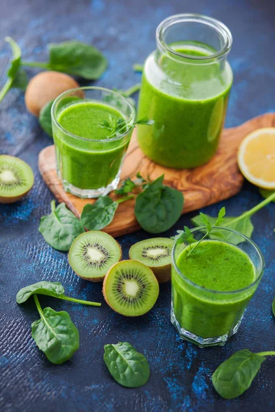 Healthy Green Smoothie Ingredients Blue Table Food Drink — Stock Photo, Image