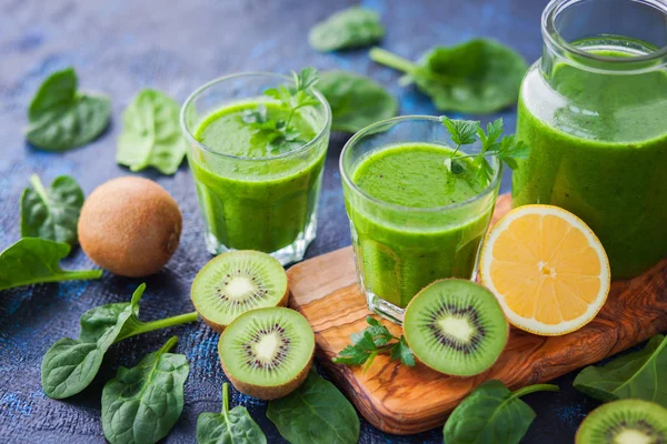 Healthy Green Smoothie Ingredients Blue Table Food Drink — Stock Photo, Image