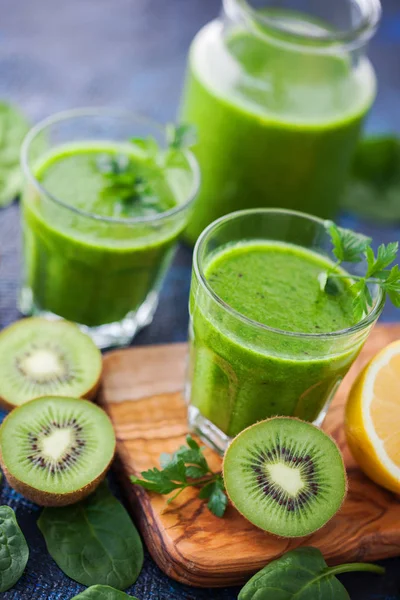 Healthy Green Smoothie Ingredients Blue Table Food Drink — Stock Photo, Image