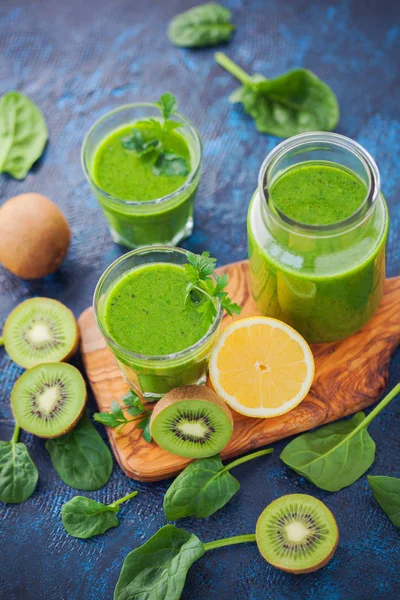 Healthy Green Smoothie Ingredients Blue Table Food Drink — Stock Photo, Image