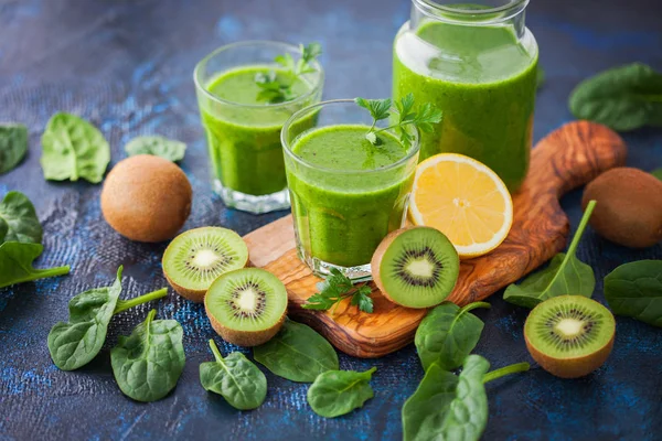 Healthy Green Smoothie Ingredients Blue Table Food Drink — Stock Photo, Image