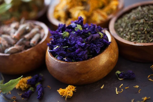 Alternatif Alami Obat Herbal Herbal Kering Dan Bunga Dalam Mangkuk — Stok Foto