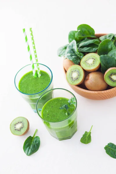 Close Beverage Ingredients Dish Glasses Green Smoothie White Background — Stock Photo, Image