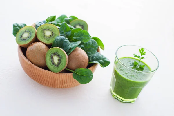 Close Beverage Ingredients Dish Glass Green Smoothie White Background — Stock Photo, Image