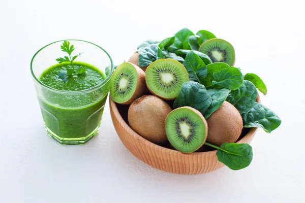 Close Beverage Ingredients Dish Glass Green Smoothie White Background — Stock Photo, Image