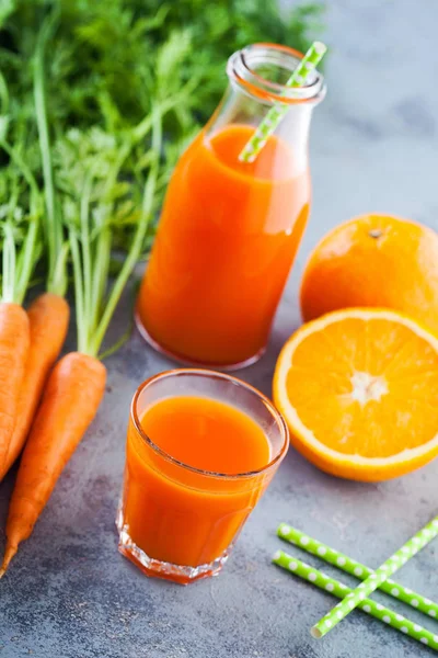 Carrot Orange Fresh Juice Grey Table Food Drink — Stock Photo, Image