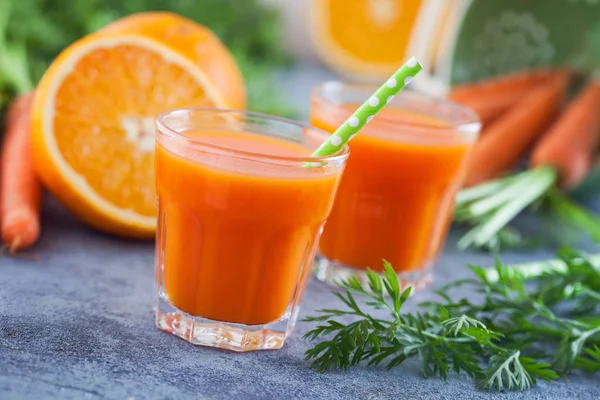 Carrot Orange Fresh Juice Grey Table Food Drink — Stock Photo, Image