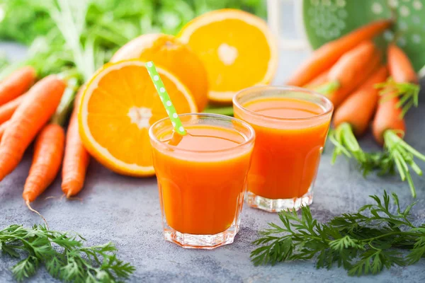 Carrot Orange Fresh Juice Grey Table Food Drink — Stock Photo, Image