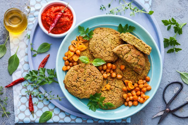Roasted Chickpeas Falafel Patties Hot Spicy Sauce Food Drink — Stock Photo, Image