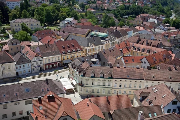 Austria, Melk - 5 July 2017: Medieval town of Melk in Wachau valley from above. — Stock Photo, Image