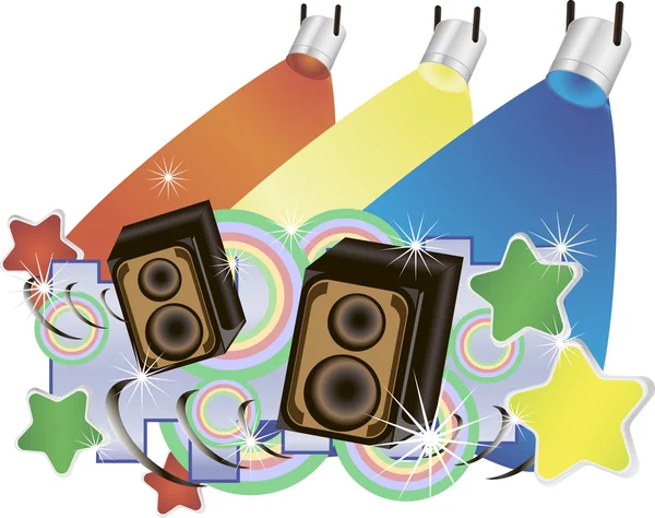 Fundo de música vetorial abstrato com alto-falantes e holofotes coloridos —  Vetores de Stock