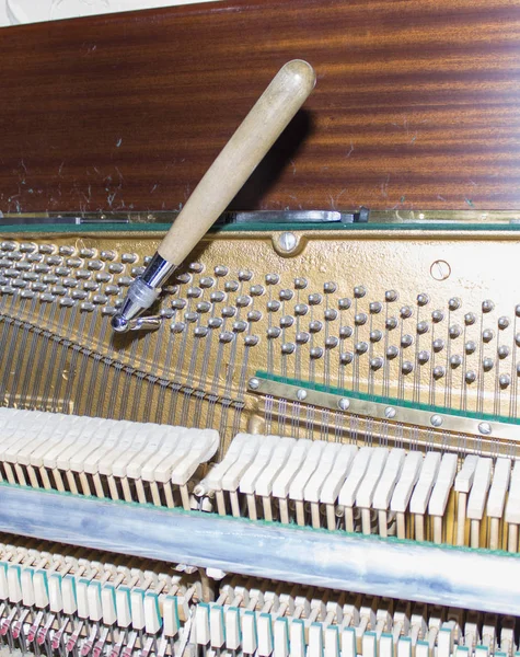 Dik piyano akort sırasında ayrıntılı Görünüm — Stok fotoğraf