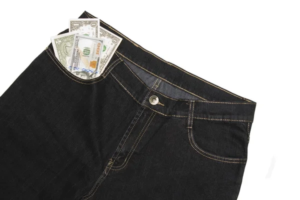 Makroaufnahme trendiger Jeans mit amerikanischem 100-Dollar-Schein in der Tasche — Stockfoto