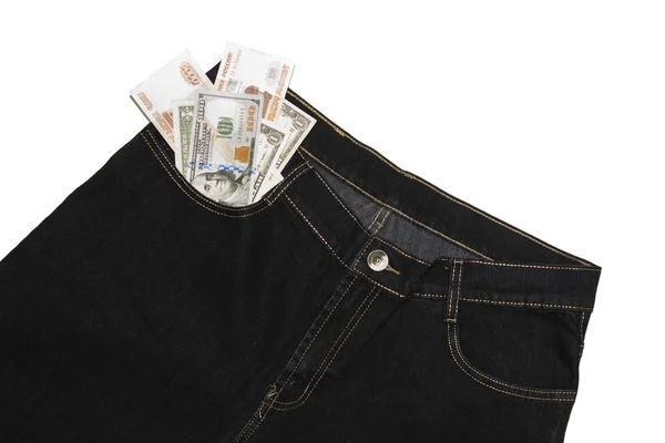 Jeans mit russischer Banknote, 100 Dollar in der Tasche, — Stockfoto