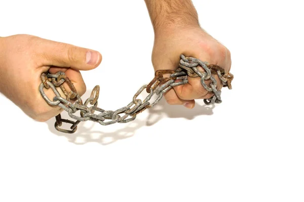 Hands in chains isolated on white background — Stock Photo, Image