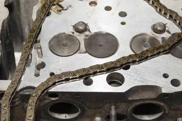 Disassembled car dirty engine close-up to engine parts at car garage. — Stock Photo, Image