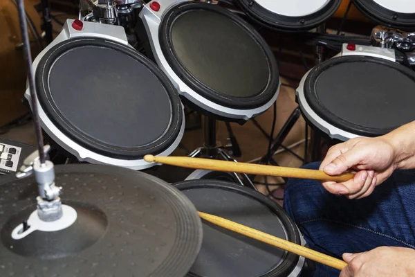 Top view side of electronic modern drum kits set in a small music room. — ストック写真