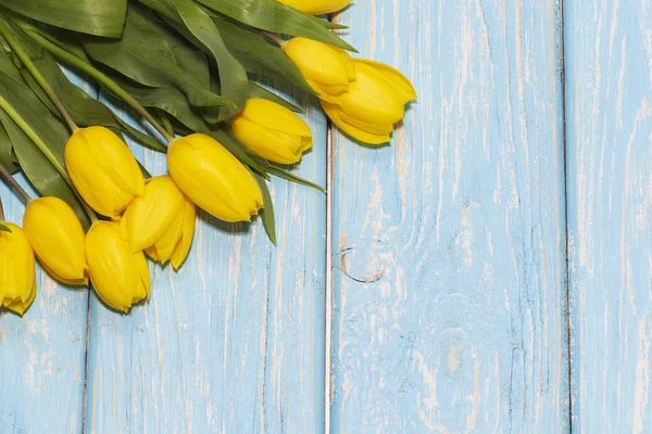 Kytice krásné žluté tulipány na světle modrém pozadí. — Stock fotografie