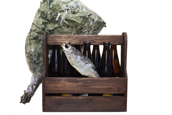Чоловічий Набір Поїздки Сауну Пивом Рибою Ізольовані Білому Тлі — стокове фото
