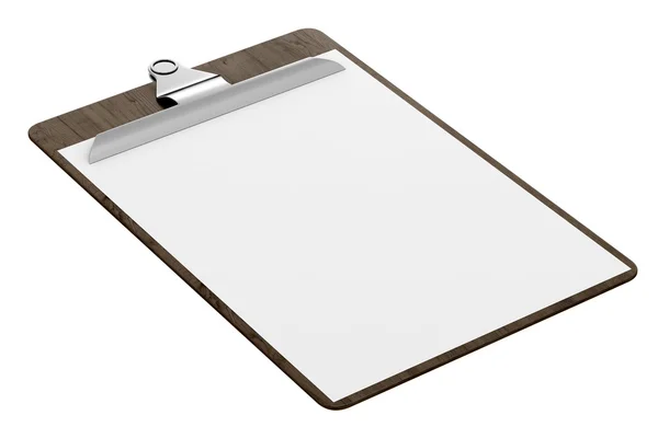 Clipboard de madeira com papel em branco isolado no fundo branco . — Fotografia de Stock