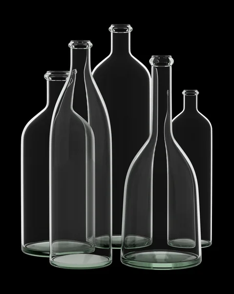 five empty bottles isolated on black background. 3d illustration