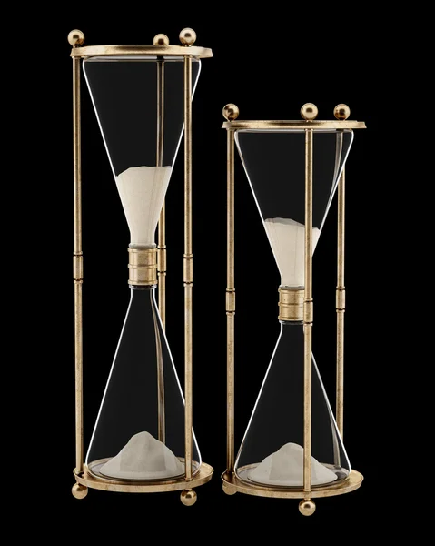 Siyah arka plan üzerine izole iki vintage hourglasses. 3D illustr — Stok fotoğraf